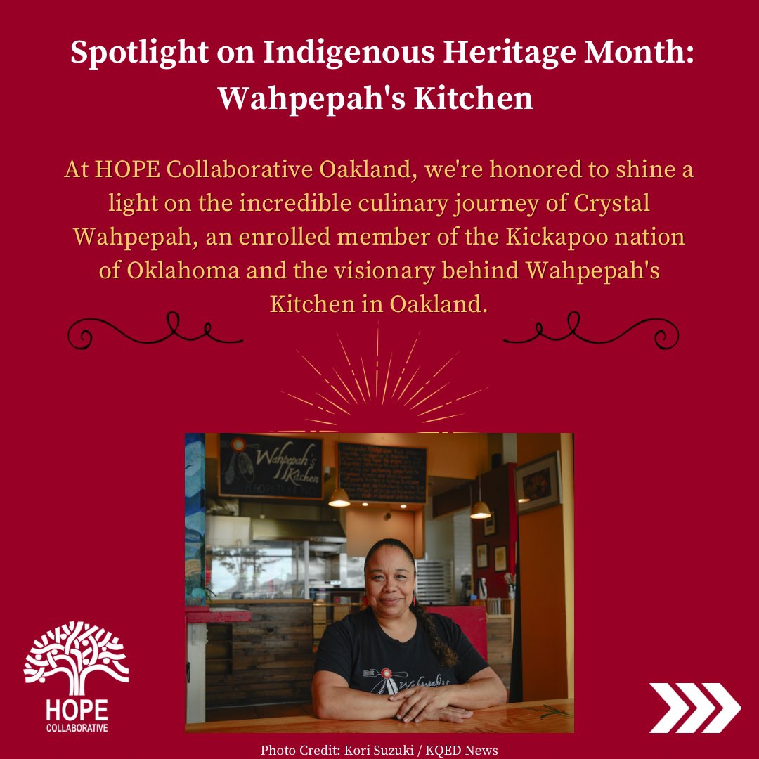 HOPEcollabo's tweet photo. 🌿 Embracing Indigenous Heritage Month with the rich flavors of resilience and culture. Meet Crystal Wahpepah, a culinary artist from the Kickapoo Nation, infusing tradition into every dish at Wahpepah's Kitchen in Oakland. https://t.co/tI6PD4dtdr