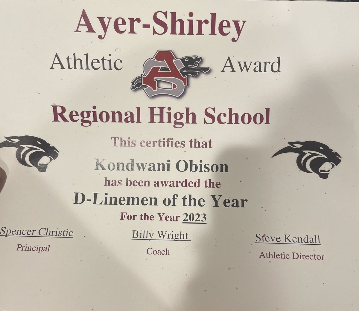 Thankful to receive league all star and d-linemen of the year award, nice way wrap up the season thank you <a href="/ayer_football/">Ayer Shirley Football</a>.❤️