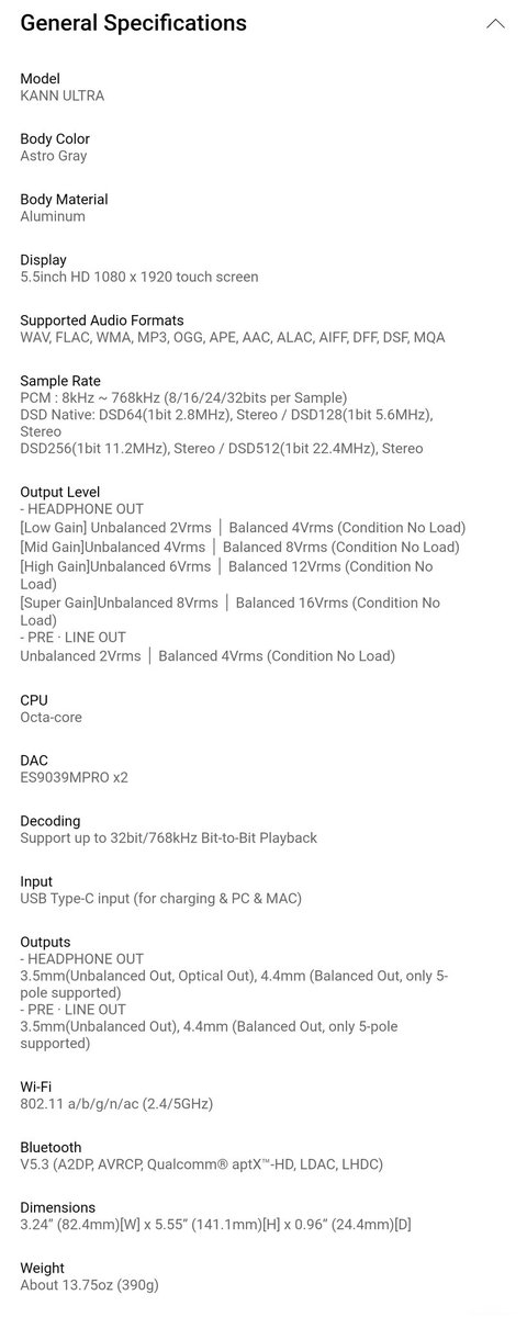 fabrizio_degni's tweet image. @astell_kern launched in #China the $1600 premium music player #KannUltra for 1676yean. Full technical specs on Pic2 but flying higher it's one of the most advanced player to date with a 5.5" display, a dual ESS ES9039Pro decoding chips,32-bit/768-kHz PCM audio and Native DSD512.
