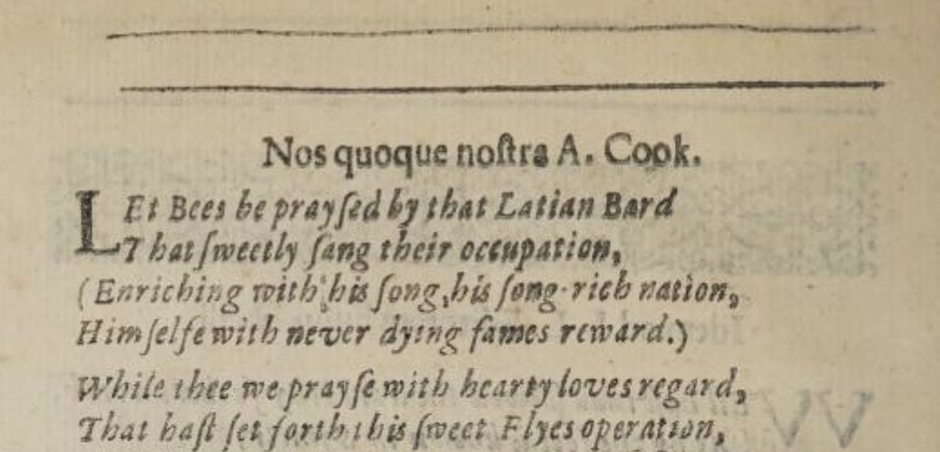 ashleydhow's tweet photo. @LostPlayhouse Oo—this is a great theory! The poem talks about generations of bees giving praise for the poet, so makes sense in the context. (And then L = Levett.)

The title is a bit odd too. I wasn't sure if A Cook is another name? https://t.co/AcZjzUaoS5