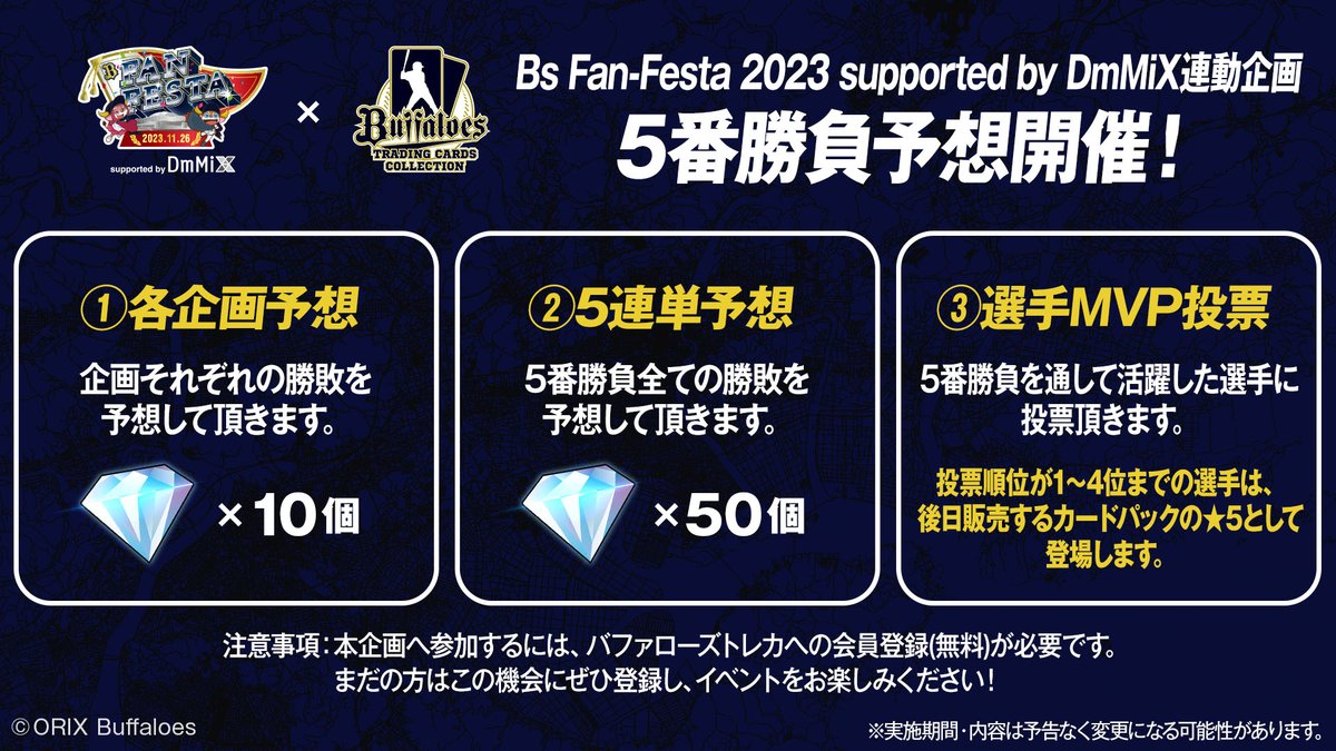 🔔お知らせ🔔

Bs Fan-Festa2023 supported by DmMiX 連動予想企画「全員で対決！ファン参加型5番勝負B-COOL vs B-CUTE 」開催！
ぜひ奮ってご参加ください！

詳細は画像とサービス内のお知らせをご確認くださいませ。

buffaloes.orical.jp
#Bs2023  #ORIX #Buffaloes #バファローズトレカ