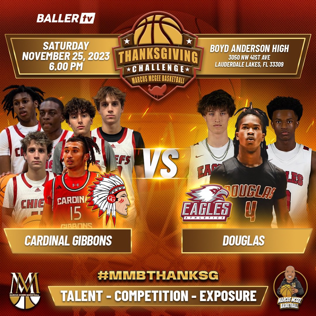 MMcGeeBball's tweet photo. Final Score at the MMB Thanksgiving Challenge
Douglas defeats Cardinal Gibbons 57-55

Douglas
24’ Jaheem Smith  19 pts 
25’ Aydann  Mcclean 17 pts

Gibbons  
24’ Sam Vil 24 pts
24’ Ryan Grant 4 pts
25’ Marcus Perrier 10 pts

#MMBThanksG https://t.co/YtqmT5rQPh