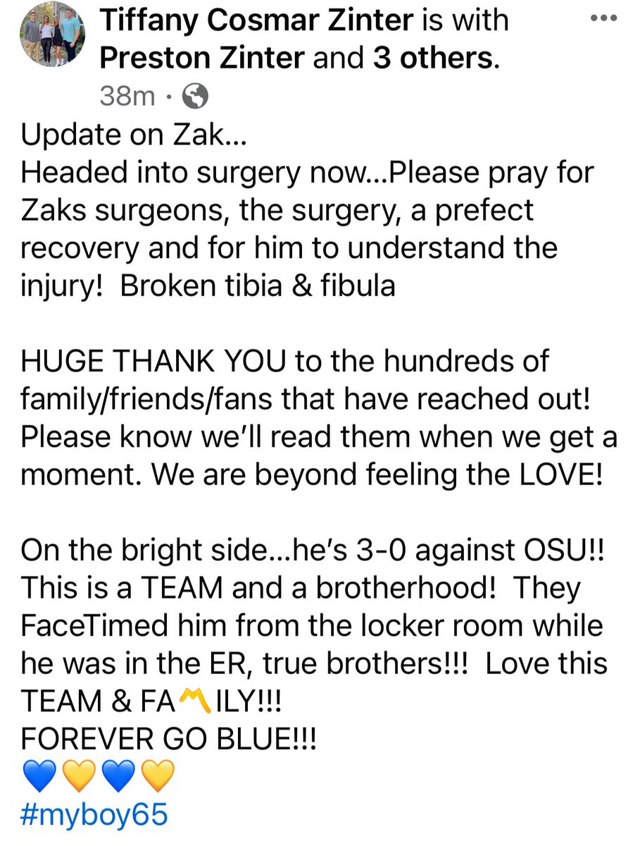 Zak Zinter’s mother posted this update earlier tonight. The Michigan offensive lineman is having surgery for a broken tibia and fibula.