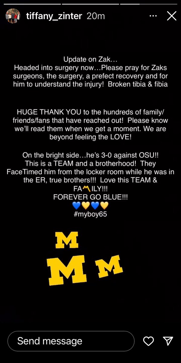 AdamSchefter's tweet photo. Michigan standout OL Zak Zinter suffered a broken tibia and fibula during today’s win over Ohio St and is undergoing surgery, his mother Tiffany announced on IG. https://t.co/chGBlmZh35