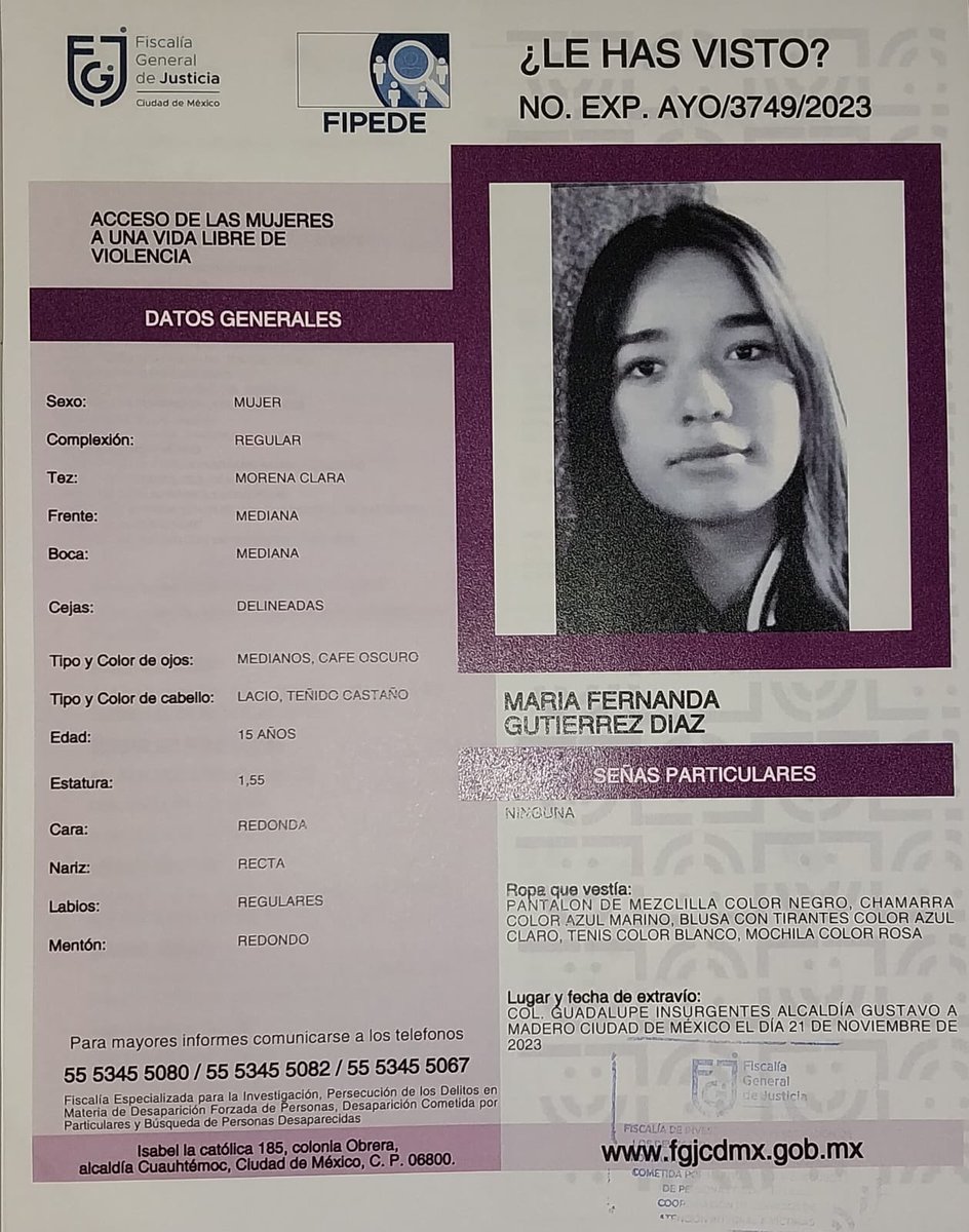 Aquí esta la información de la chica extraviada que compartimos ayer en  #viernesdeclásicos por  <a href="/Reactor105/">Reactor 105.7 FM</a>