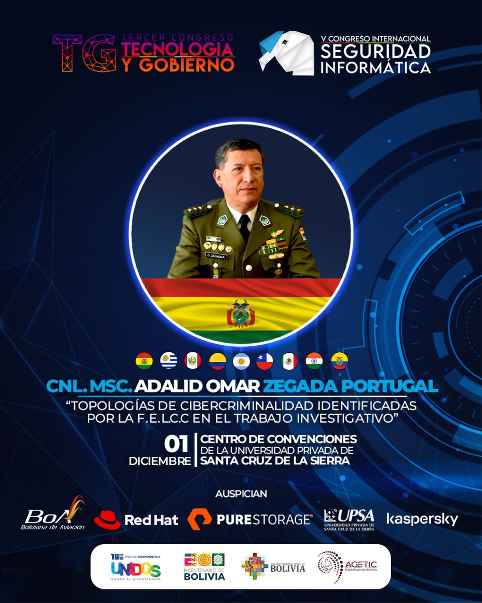 AgeticBolivia's tweet photo. ✨ ¡No te pierdas las increíbles ponencias de nuestros conferencistas nacionales e internacionales! Cnl. Msc. Adalid Omar Zegada Portugal y Ailin Castellucci, expertos en #SeguridadInformática y #TecnologíaYGobierno. ¡Será una experiencia única!

#CIDSI #TyG 2023 #AGETIC https://t.co/OirhVAtTez