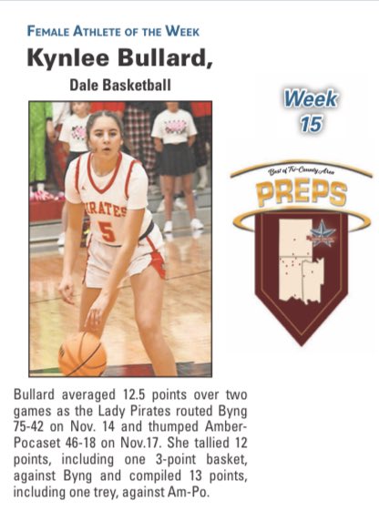 BullardKynlee's tweet photo. Female athlete of the week!! #dale #womensbasketball #daleoklahoma #freshmen #athleteoftheweek #sports #basketball #shawneenews-star https://t.co/SZjXUfQex8