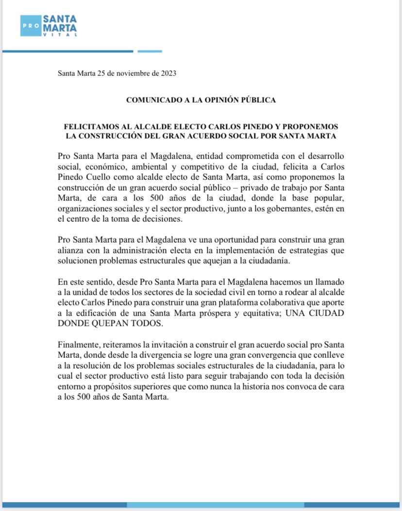 ProsantamartaV's tweet photo. Pro Santa Marta felicita al alcalde electo Carlos Pinedo Cuello @CarlosPinedoC y propone la construcción de un gran acuerdo social público/privado de trabajo conjunto por Santa Marta. ¡UNA CIUDAD DONDE QUEPAMOS TODOS! https://t.co/JHppPrGsFk