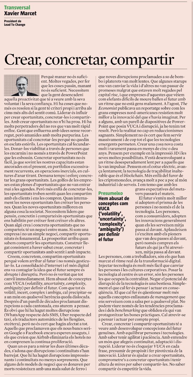 Xavier Marcet (@xaviermarcet) on Twitter photo CREAR, CONCRETAR, COMPARTIR
Crear oportunitats està bé, concretar-les és molt difícil, compartir-les és imprescindible
Avui a <a href="/LaVanguardia/">La Vanguardia</a> CREAR, CONCRETAR, COMPARTIR
Crear oportunitats està bé, concretar-les és molt difícil, compartir-les és imprescindible
Avui a <a href="/LaVanguardia/">La Vanguardia</a>