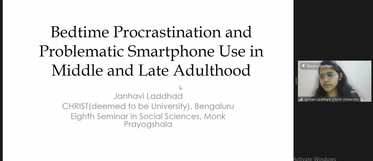 monkprayogshala's tweet image. Janhavi Laddhad, presents online at our #hybrid #seminar on Bedtime #procrastination and #smartphoneuse in middle and late adulthood!