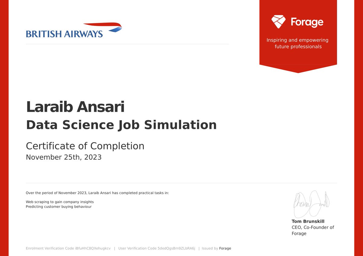 _Laraib_Ansari's tweet image. T39: Here is my Certificate of Completion. ✨

During the job sim./ Internship I did:

✅ Web Scraping
✅ Data Cleaning
✅ Trained Machine Learning Model(Random Forest)
✅ Prepared ppt with the insights.
#DataScience #MachineLearning