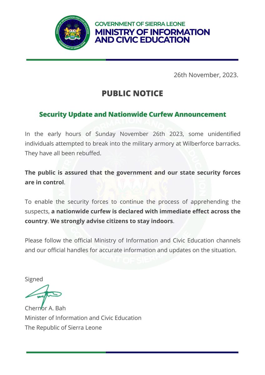 dsengeh's tweet photo. Our country is ours to protect. Our democracy is ours to keep. Our peace is ours to maintain. The government of @PresidentBio is in full control. For now, we call on all citizens to stay safely at home. Don't spread info not verified by the official government/state institutions. https://t.co/xtbdog7mFl