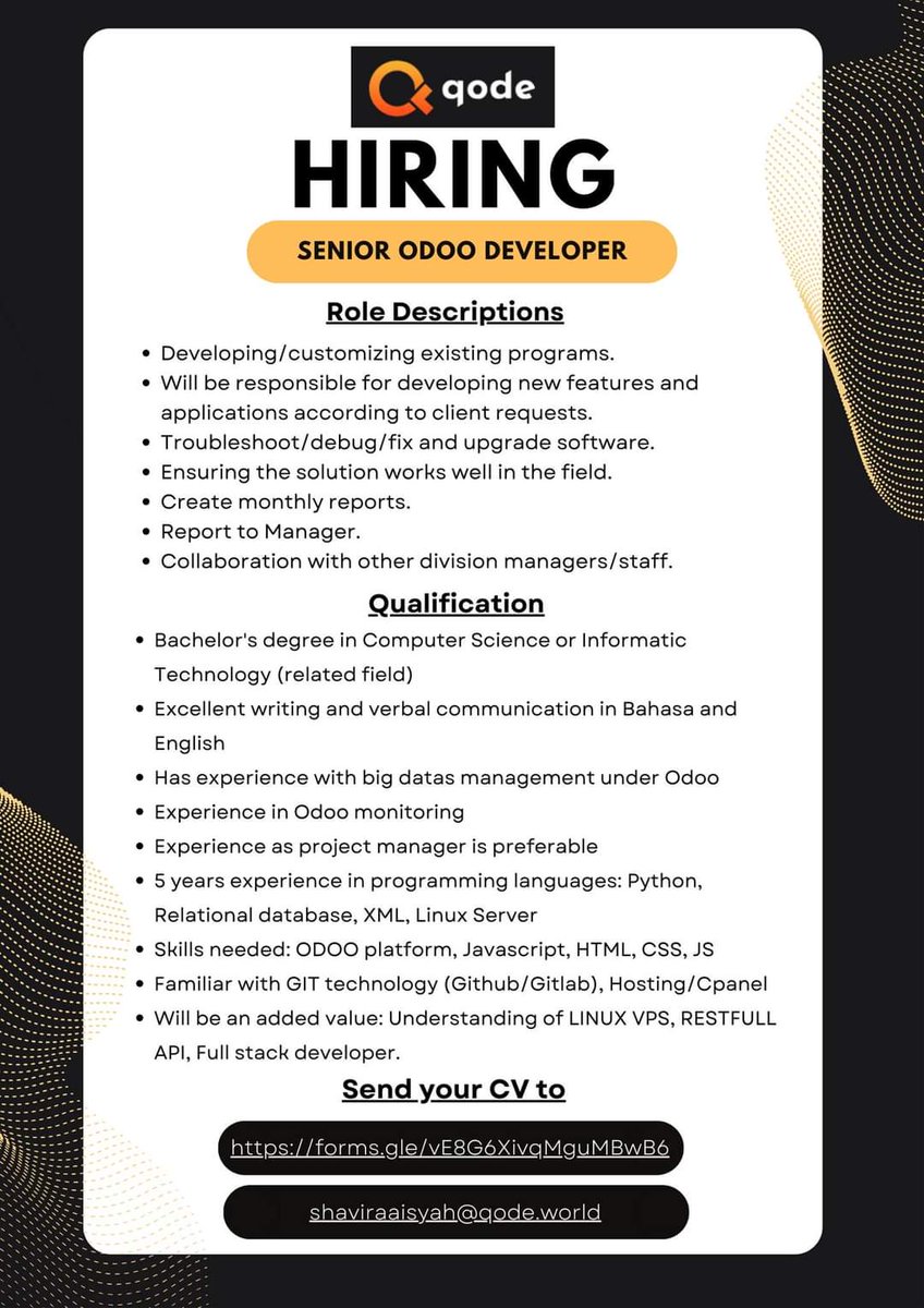Lowongan Kerja Senior Odoo Developer

#lokerkarir_it #lokerit #lokerprogrammer #lowongankerja #loker #lokercot

cc <a href="/hrdbacot/">HRD BACOT</a>