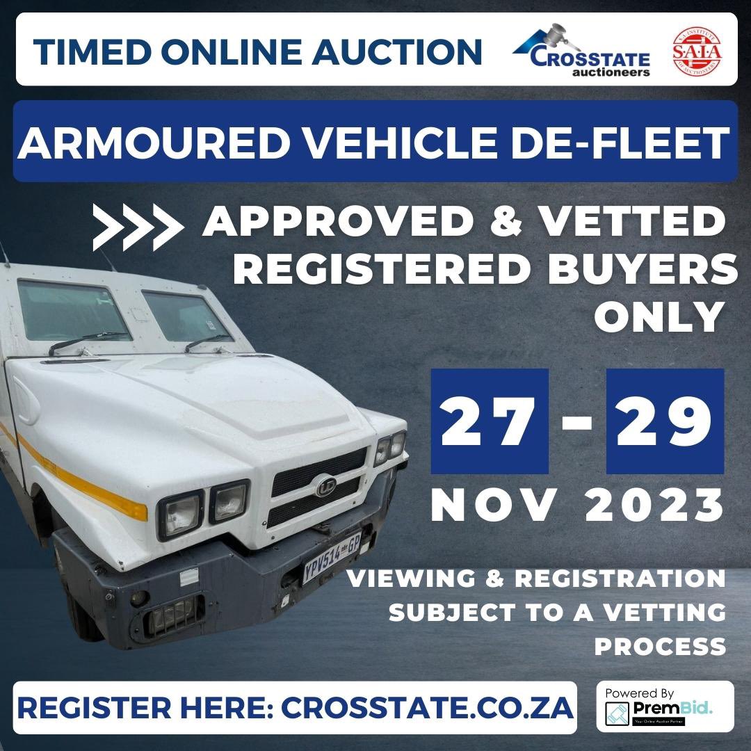 CrosstateAuc's tweet photo. Armoured vehicles for sale by way of online auction! Numerous runners and non-runners! Buyers to be vetted prior to registration and approval to bid! Items located at our head office in Boksburg! Viewing open Monday 27th, bidding closes Wed 29th! Visit our website for more info! https://t.co/GeE6fpgloP