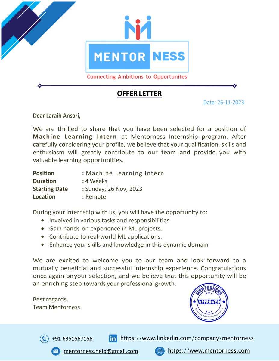 _Laraib_Ansari's tweet image. T40: #100DaysOfCode 
🌱 Day 21 
Here is my Offer Letter #internship #MachineLearning