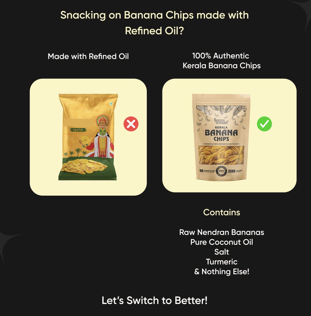 For the love of Kerala Banana Chips. Switch to Authentic. Switch to Better. Real Food. Real Ingredients. #keralabananachips #bananachips #nendranchips #nendranbanana #coconutoil #purecoconutoil #kerala #godsowncountry #keralachips #eatbetter #thebettershop