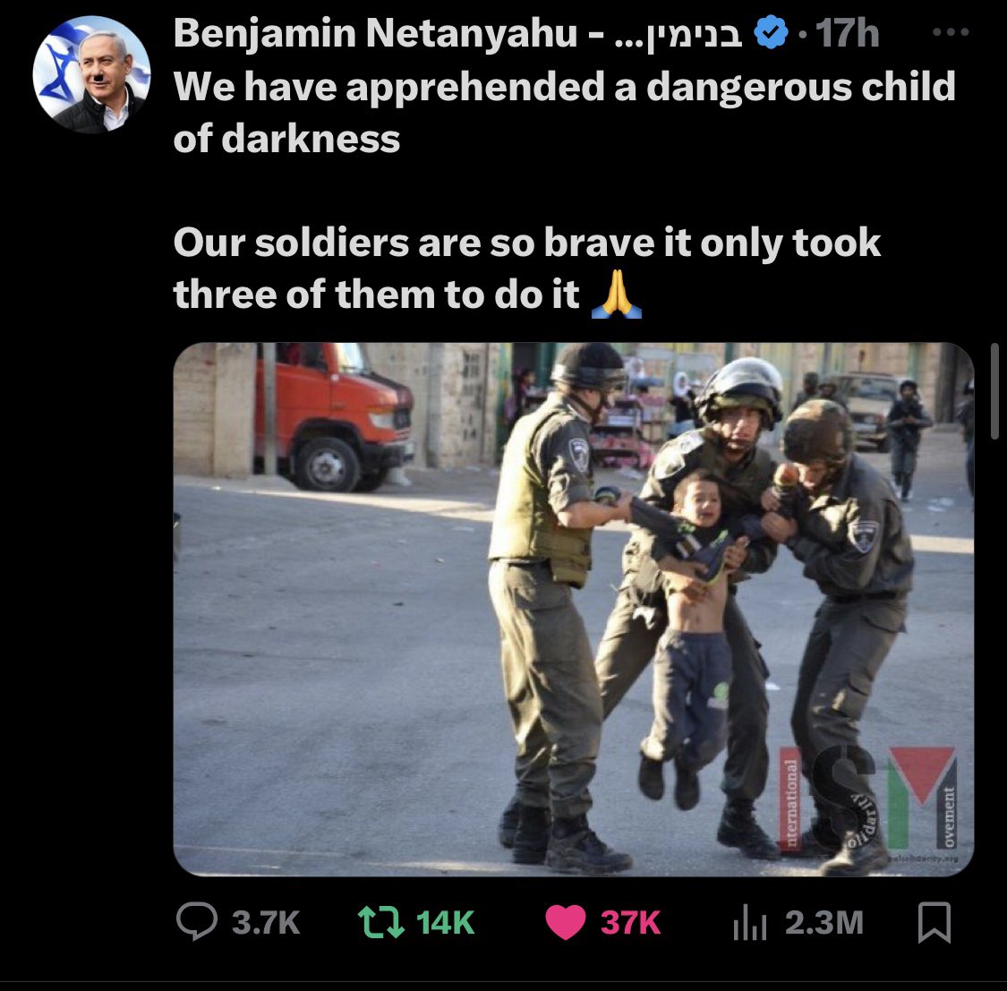 ImaeneB's tweet photo. @anmharch @claudeposternak @PorazDan Regardez les vidéos de libération du Hamas et intéressez vous aux otages d’Israël - L’armée de Tsahal, l’armée des laches. Je vous mets une photo d’avant goût :) https://t.co/235Qtb4bJP