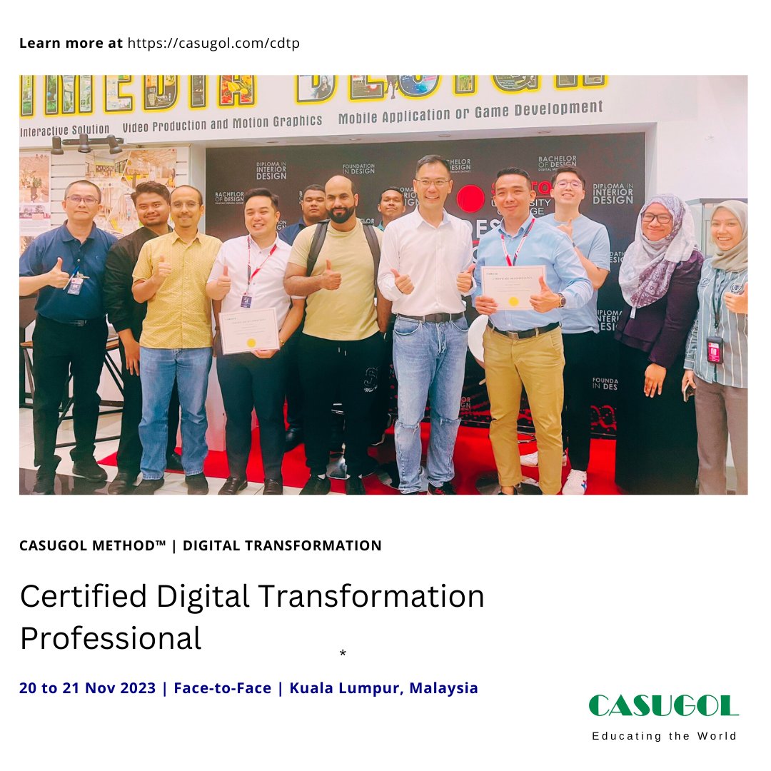 casugol's tweet image. Congratulations to the accomplished learners from Malaysia and Oman for successfully completing the intensive 2-day Certified Digital Transformation Professional (CDTP) Certification program.

Learn more at casugol.com/cdtp

#casugol #digitaltransformation #casugolmethod