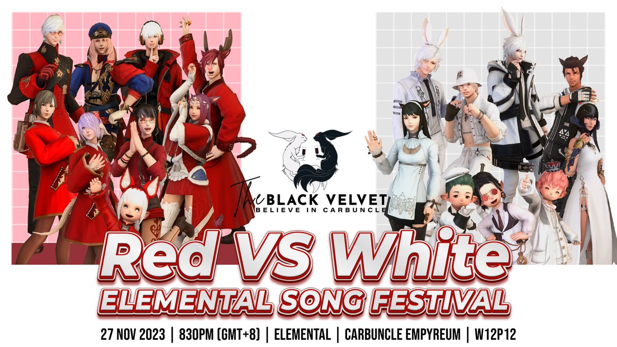blackvelvetbar's tweet photo. One day to the Black Velvet's Red versus White Elemental Song Festival.
Come dressed in your favorite team colours, or both. That's what the glam plates are for anyway.
We will be streaming for those that can't make it.
Stay tune for more twitch information tomorrow.
#TheBlackVelvet #Gposers #FFXIV #FFXIVRP #ElementalDC #GaiaDC #ManaDC #MeteorDC