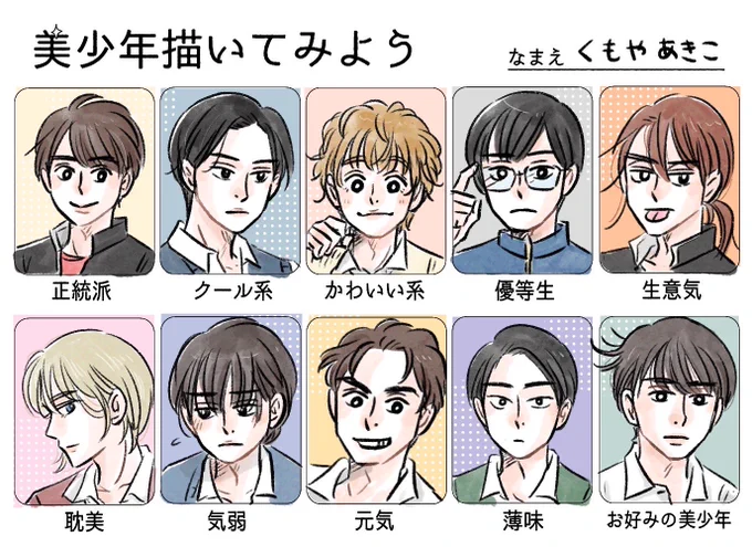 懐かしのテンプレをお借りして、この前お友達と遊んでいました。 このタグで見たら、めちゃくちゃお上手な絵が沢山出てきたし、私の発想がたぶん昭和だと思いました🙂 #美少年描いてみよう