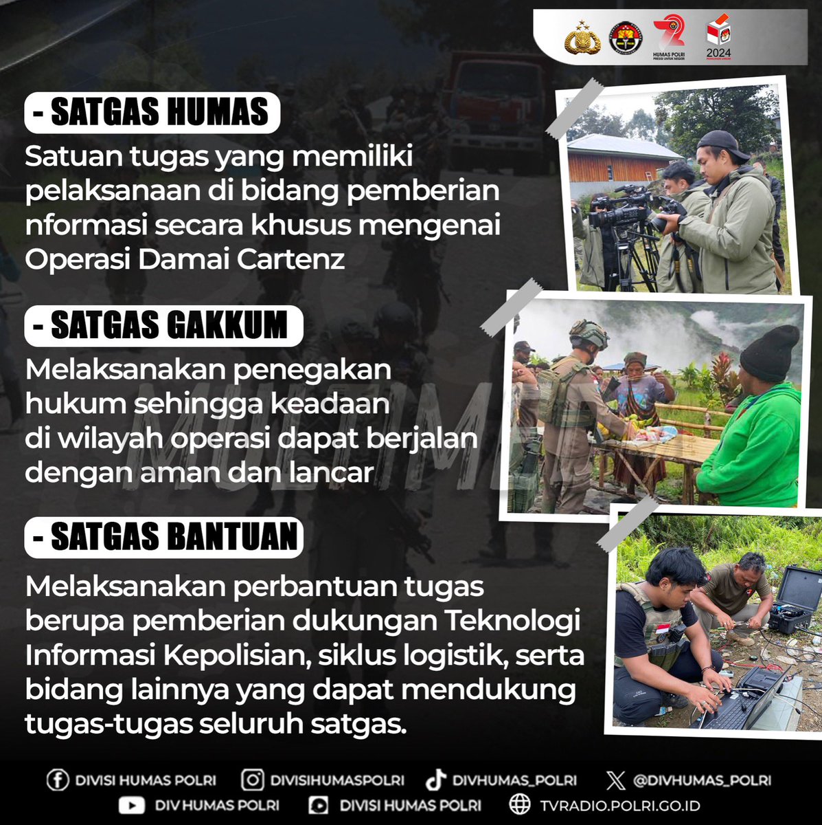DivHumas_Polri's tweet photo. Operasi kewilayahan dengan sandi Operasi Damai Cartenz merupakan upaya Kepolisian Negara Republik Indonesia (Polri) dalam menjaga situasi kamtibmas di wilayah Papua. Yuk, kita simak lebih lanjut apa saja Satuan Tugas (Satgas) yang berada di dalamnya.

#RukunDamaiSejahtera
Bersama Saling Memajukan