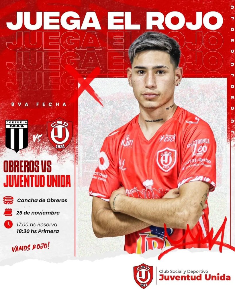 CSDJUoficial's tweet photo. 🔜 Próximo partido:

⚽ Fecha 8 Torneo Clausura 🆚 Obreros de Corzuela
📍 Estadio Club Obreros Unidos
⌚ 17:00 Sub-18
      18:30 Primera https://t.co/xrpMvRFTxC