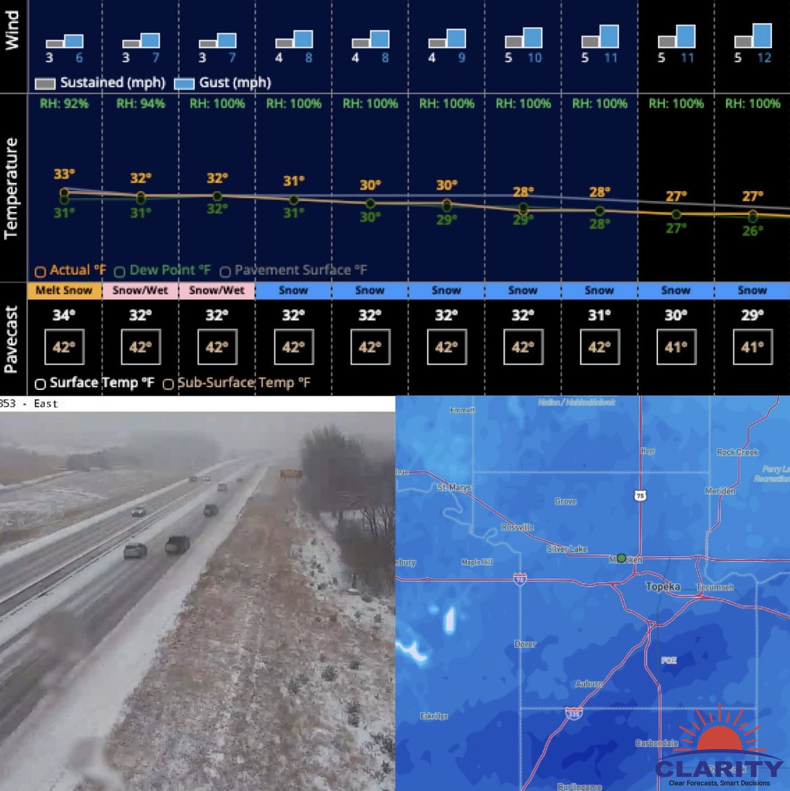 Of the many tools our new platform has to offer, Pavecast is a necessity when it comes to ❄️ snow removal services! 

This example from earlier today shows a heavier band of snow moving off to the east, with 'slushy' snow on pavement. Knowing WHEN to treat can save you 💰💰

Sign