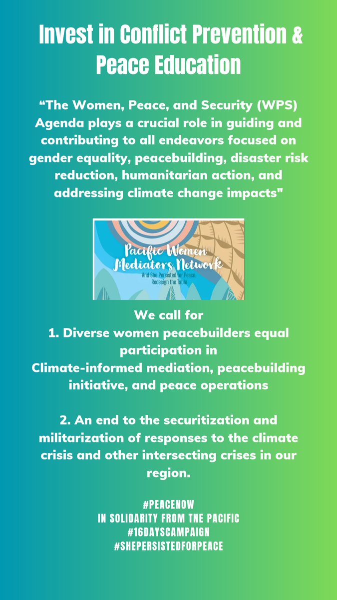 The #16DaysOfActivism is a reminder to invest in #Prevention & #PeaceEducation. #DRR #HumanitarianAction & #ClimateJustice action must incld locally led #WPS solutions for just, inclusive & sustainable Peace #triplenexus @GPPAC @ForumSEC @lotupasifika @unwomenchief