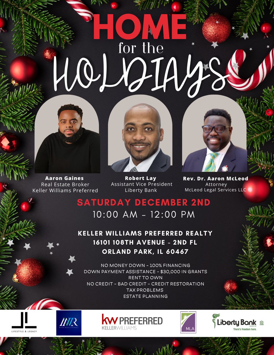 🏠 Join Us Saturday from 10a to 12p.🏡 

❄️☃️ Let’s Get You In A Home For The Holidays 🎄❄️

#homebuyingseminar #chicagorealestate #chicagolandrealestate #chicagobroker #chicagorealtor #realestate #realtor #thechicagochamp #lifestyleandlegacygroup #kellerwilliamspreferredrealty