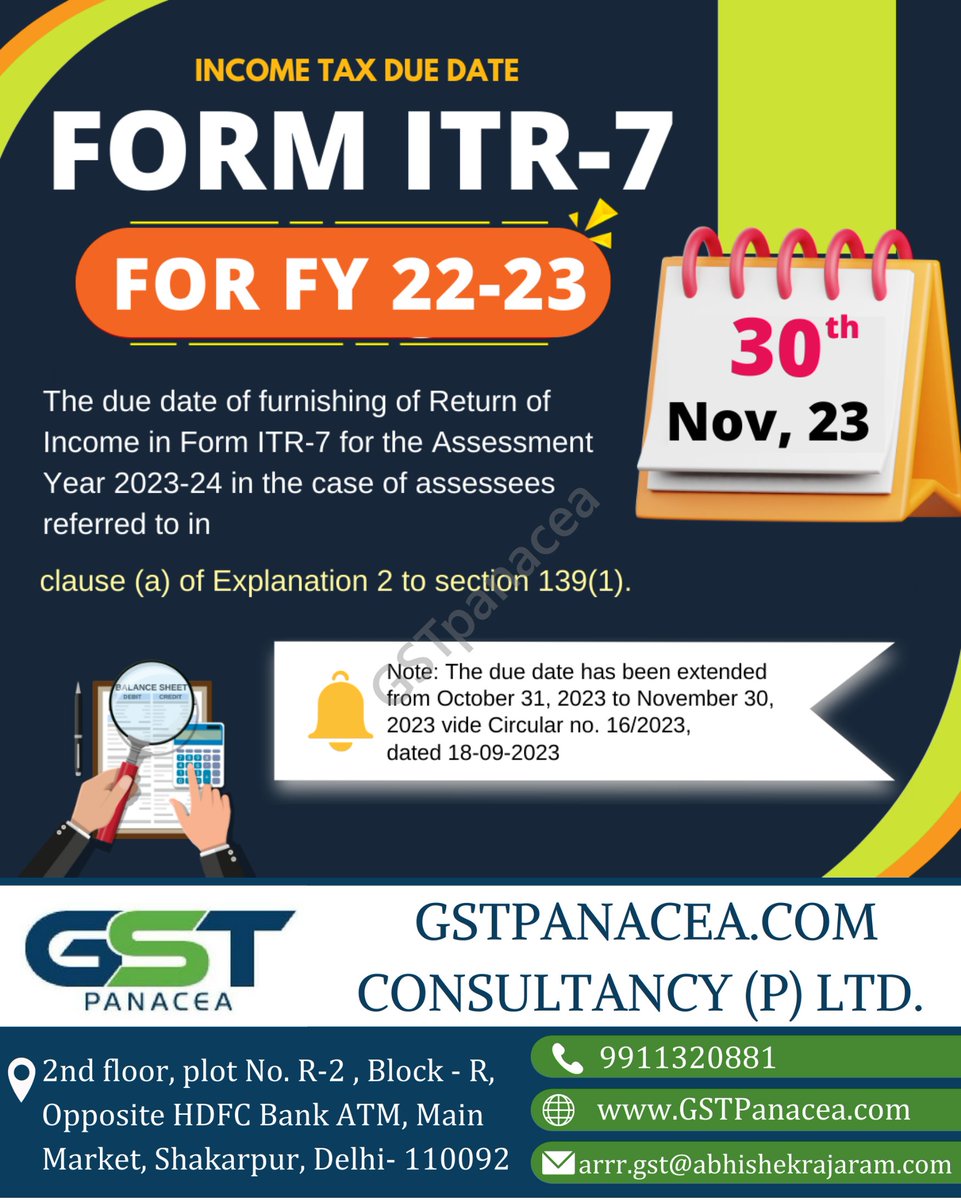 Due Date Reminder
INCOME TAX DUE DATE
FORM ITR-7 FOR FY 22-23

#IncomeTaxReturn #TaxFiling #TaxCompliance #FinancialReporting #IncomeTaxIndia #Taxation #BusinessFinance #IndianTax #ITRFiling