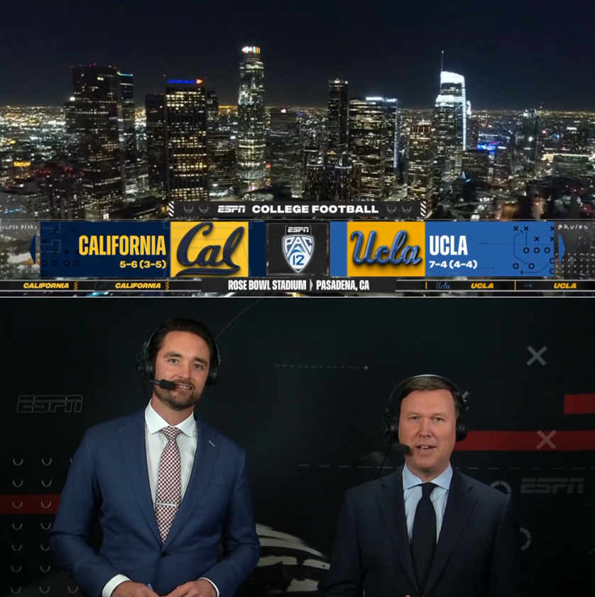 bhofheimer_espn's tweet photo. The final @Pac12 regular season football game is now kicking off on ESPN: #CALvsUCLA at the Rose Bowl.
Dave Flemming, Brock Osweiler and @Kay_Breezy22 have the call. Raise a glass to #Pac12AfterDark. Hard to believe this is it. https://t.co/bTTbNk4V7u