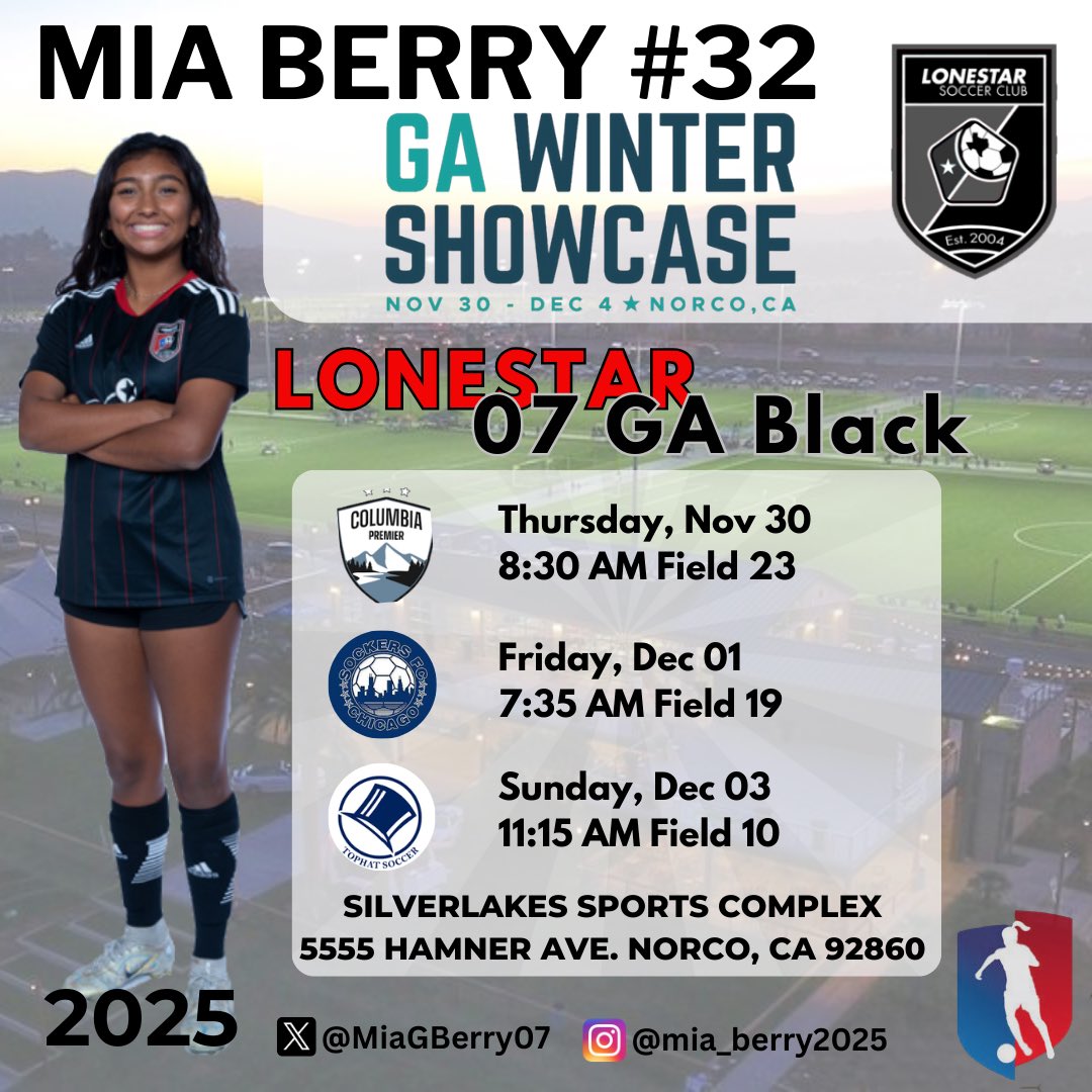 Excited to go to Norco, CA this week to play in the <a href="/GAcademyLeague/">Girls Academy</a> Winter Showcase! Come see me play at these times!

<a href="/LonestarSC/">Lonestar Soccer Club ⚽️</a> <a href="/lonestar07GABlk/">Lonestar SC 07GA Black</a> <a href="/TopDrawerSoccer/">TopDrawerSoccer</a> <a href="/ImCollegeSoccer/">College Soccer Truth ™</a> <a href="/ImYouthSoccer/">ECNL/GA/Recruiting/College Soccer</a>