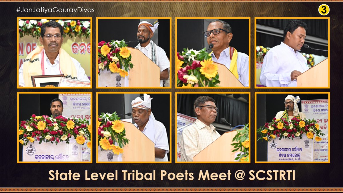 scstrti's tweet photo. @scstrti hosted 2-Day State Level Tribal Poet Meet from 22nd November to 23rd November where 47 tribal poets belonging to #Binjhal, #Desia, #Gadaba, #Gond, #Kharia, #Koya, #Kui, #Kuvi, #Saora, #LanjiaSaora, #Paroja, #Munda, #Bhumij, #Juang, #Santali, and #Ho communities of Odisha engaged the audience with thought provoking poetry on tribal life, culture & heritage.
We sincerely thanks them for their active participation in the event.
The program held as part of various activities to celebrate #JanJatiyaGauravDivas supported by @TribalAffairsIn aimed as connecting the masses with tribal life & celebrating the unique tribal culture and heritage of Odisha.
@CMO_Odisha @IPR_Odisha @saraka_fan @roopars @stscdev @indratripathy
@TribalAffairsIn @MundaArjun @renukasinghbjp @Bishweswar_Tudu @PIB_India @mygovindia @AmritMahotsav
#JanjatiyaGauravDivas
#JanjatiyaGauravDivas2023
#ViksitBharatSankalpYatra
#EmpoweringTribalsTransformingIndia
#JanJatiyaGauravDivas #HamaraSankalp #CulturalDiversity #EmpoweringTribalsTransformingIndia #ViksitBharat #InclusiveGrowth #JanJatiyaNayak #TribalEmpowerment #AmritMahotsav #CulturalPride