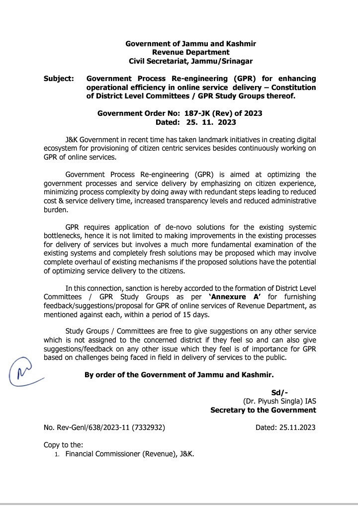 Jahangeer KAS (@jahangeerkas) on Twitter photo Revenue Deptt launches a novel initiative 'Government Process Re-Engineering' aimed at increasing the operational efficiency in online services delivery
20 district level committees/GPR study groups constituted for furnishing feedback for GPR of online services
<a href="/diprjk/">Information & PR, J&K</a>
<a href="/DC_Budgam/">Deputy Commissioner Budgam</a> Revenue Deptt launches a novel initiative 'Government Process Re-Engineering' aimed at increasing the operational efficiency in online services delivery
20 district level committees/GPR study groups constituted for furnishing feedback for GPR of online services
<a href="/diprjk/">Information & PR, J&K</a>
<a href="/DC_Budgam/">Deputy Commissioner Budgam</a>