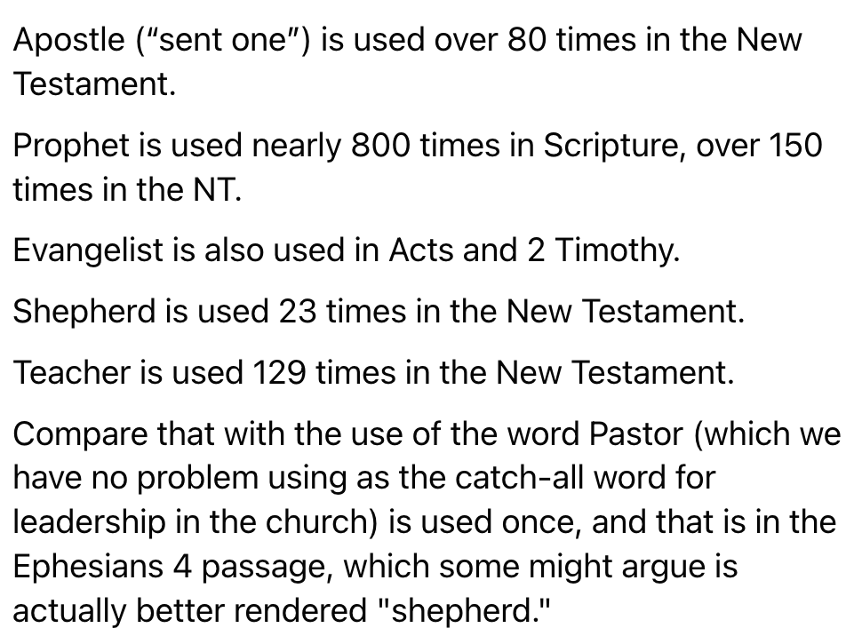 For those who are skeptical of using APEST as a way of expanding and informing how we consider church planting teams, it is fascinating to consider the use of each gift (also think of them as callings and/or functions) throughout the New Testament.