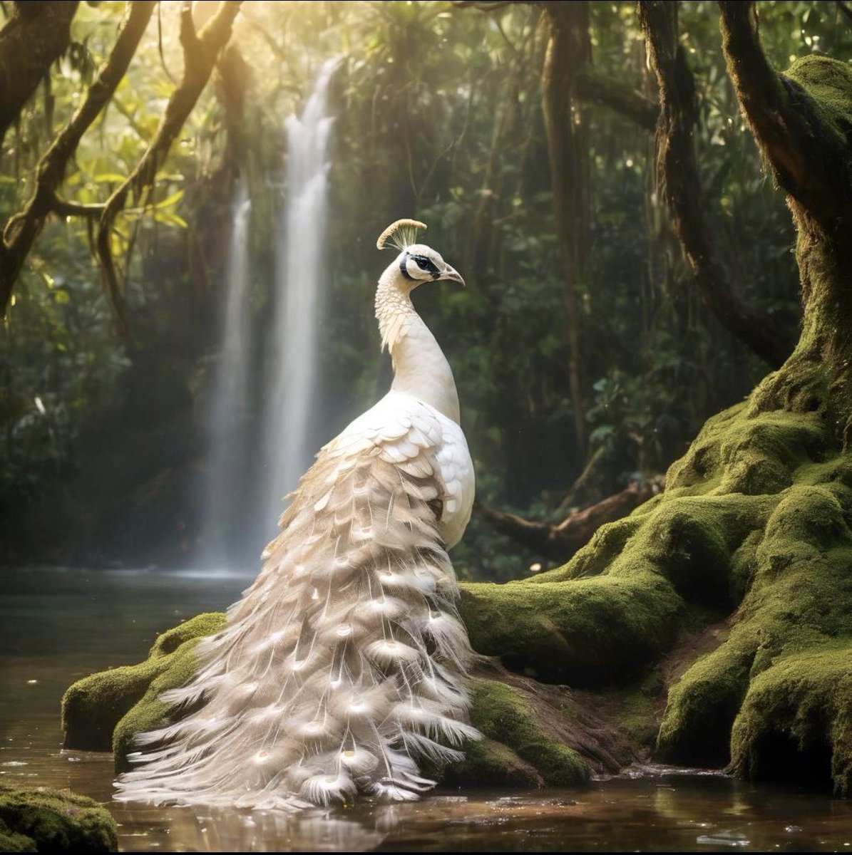 kscvna's tweet photo. Chúc mọi người cuối tuần vui vẻ !

“Dancing white peacock in the jungle” 
#gencraftAI #photograghyAI https://t.co/sGtJuQqb6i