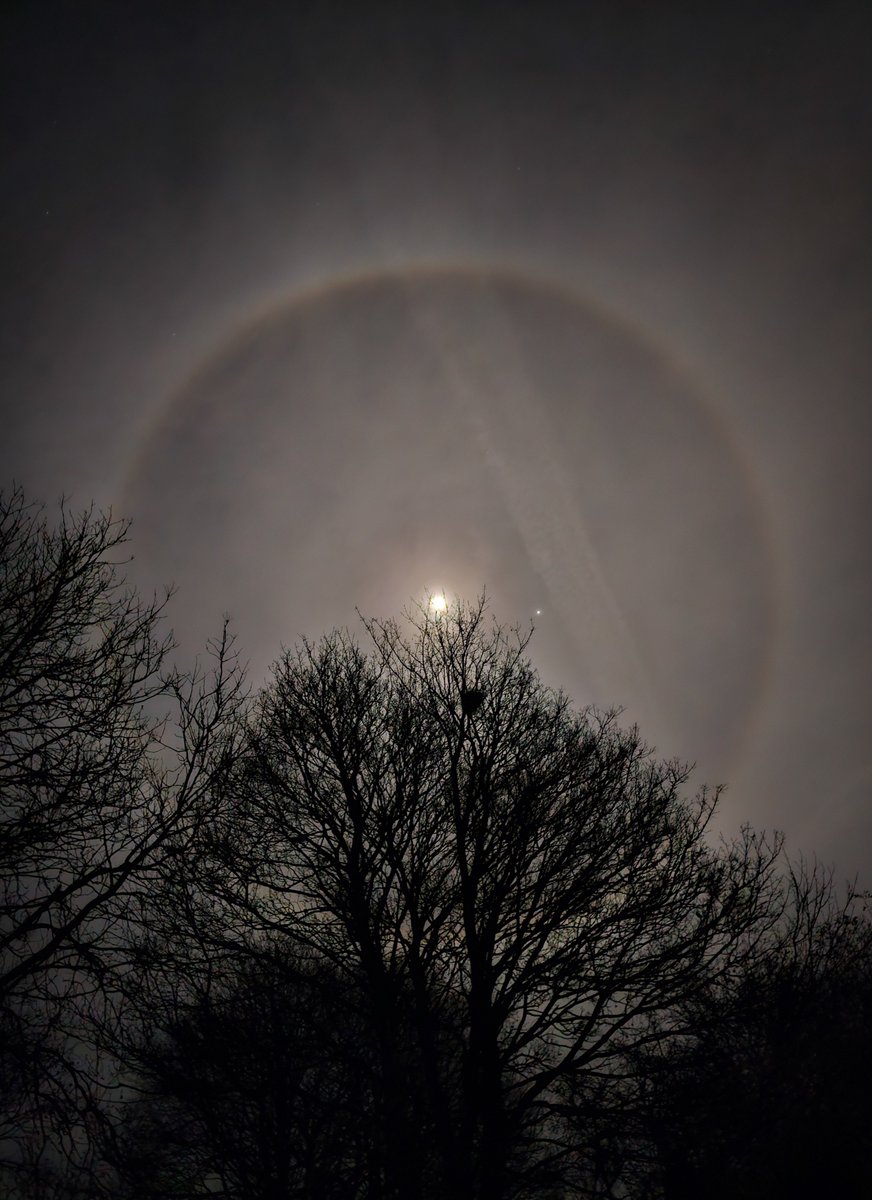 DavePHumphries's tweet photo. Tonight's lunar halo looked great over Staffordshire, UK! 

I've seen them before but tonight's stood out due to its impressive size and the inclusion of Jupiter. The photo doesn't do it justice. #LunarHalo #Staffordshire #UK #Moon #MoonHalo #Jupiter https://t.co/4jlrej0110