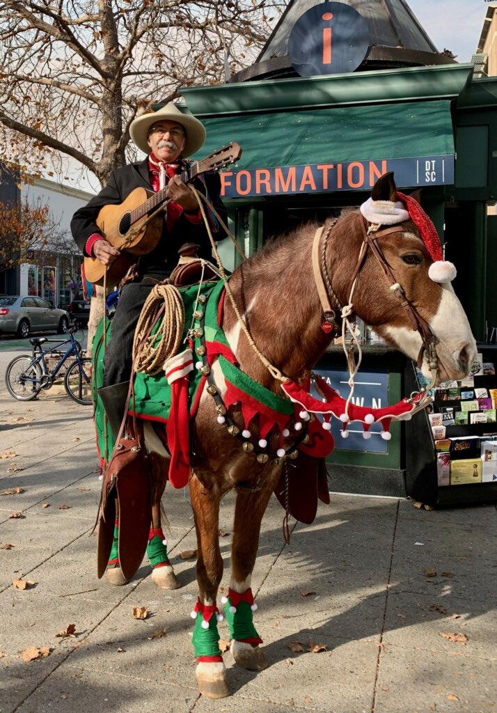 Cisco Jim and his horse Taza are back in Downtown this December. This Saddle Serenader entertains downtown visitors with western music, western humor, and feats of horseback antics. 
Head downtown on December 3, 10 &amp; 17 and see them strolling down Pacific Avenue, signing songs!