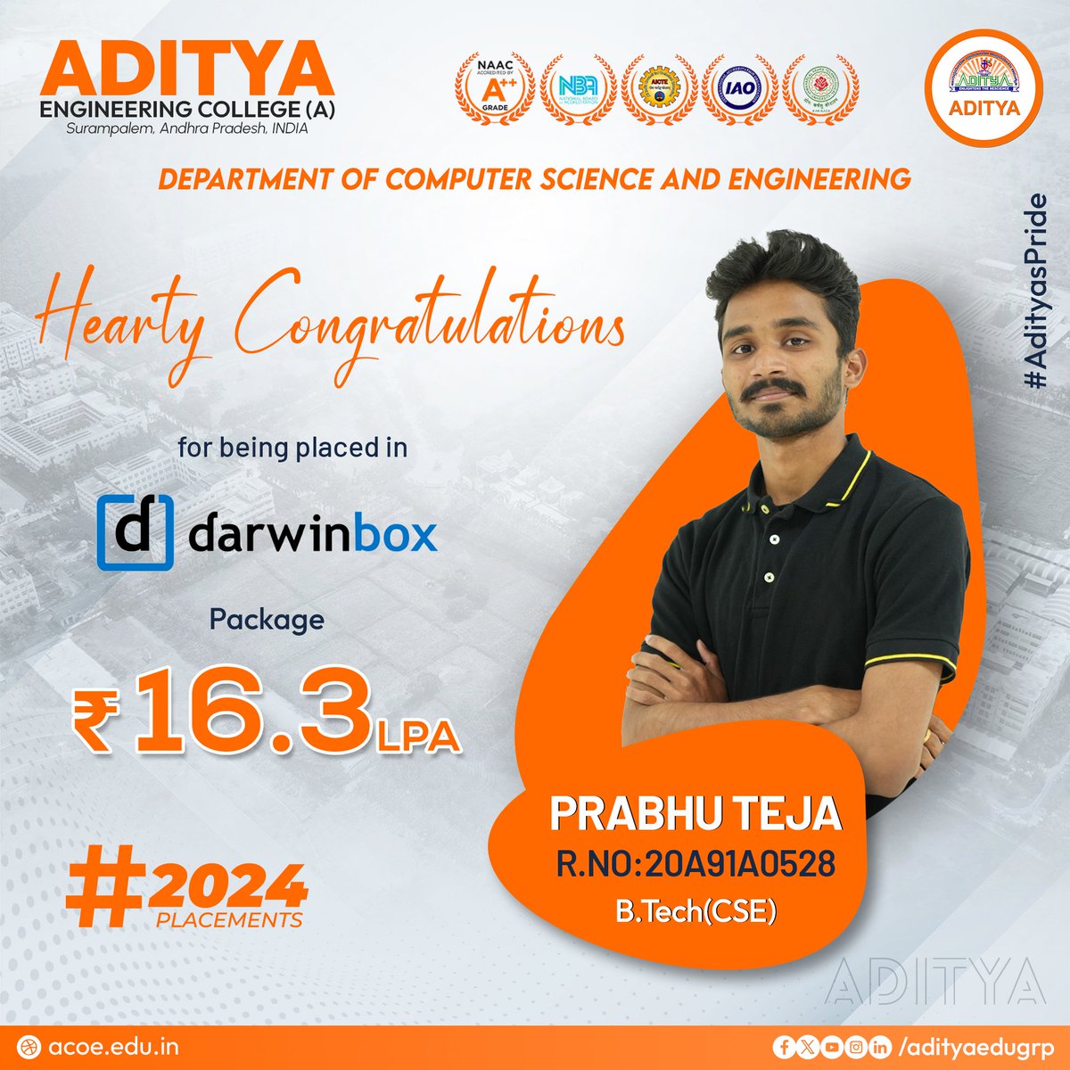 adityauniv's tweet image. Congratulations to Prabhu Teja, a student of Computer Science and Engineering, for being placed in darwinbox.
#darwinbox #2024placements
