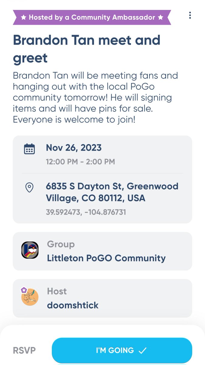 brandontan91's tweet photo. To #PokemonGO Trainers in Greenwood Village, CO,
Sorry for the late info, we will be doing the final meet-up at Meh Games tmr (26Nov, Sun) at 12pm 😄
Come join us if u would like to get to know other PoGo trainers too 🥳
Also, pins are still available while stocks last 🙂 https://t.co/rOQ19SG5rg