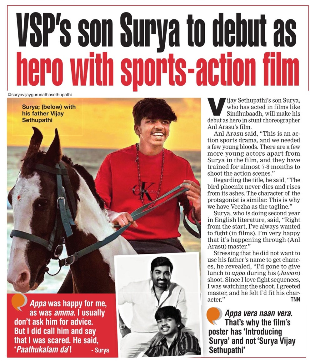 MoviesUpdatez's tweet photo. #VijaySethupathi's son Surya to debut as hero with sports-action film
@VijaySethuOffl #phonenix @ActionAnlarasu https://t.co/93bf0hezY9