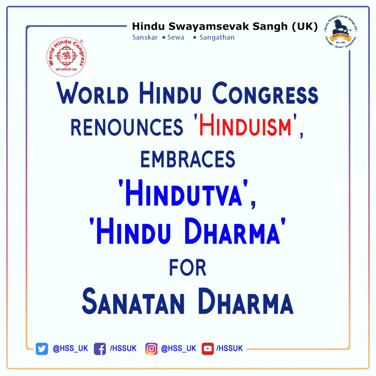 The #WorldHinduCongress2023 embraces 'Hindutva' and 'Hindu Dharma' to comprehensively represent the profound essence of Sanatan Dharma by renouncing the term 'Hinduism'

A positive step towards cultural authenticity and unity!

 <a href="/WHCongress/">World Hindu Congress</a> #SanatanDharma #Hindutva