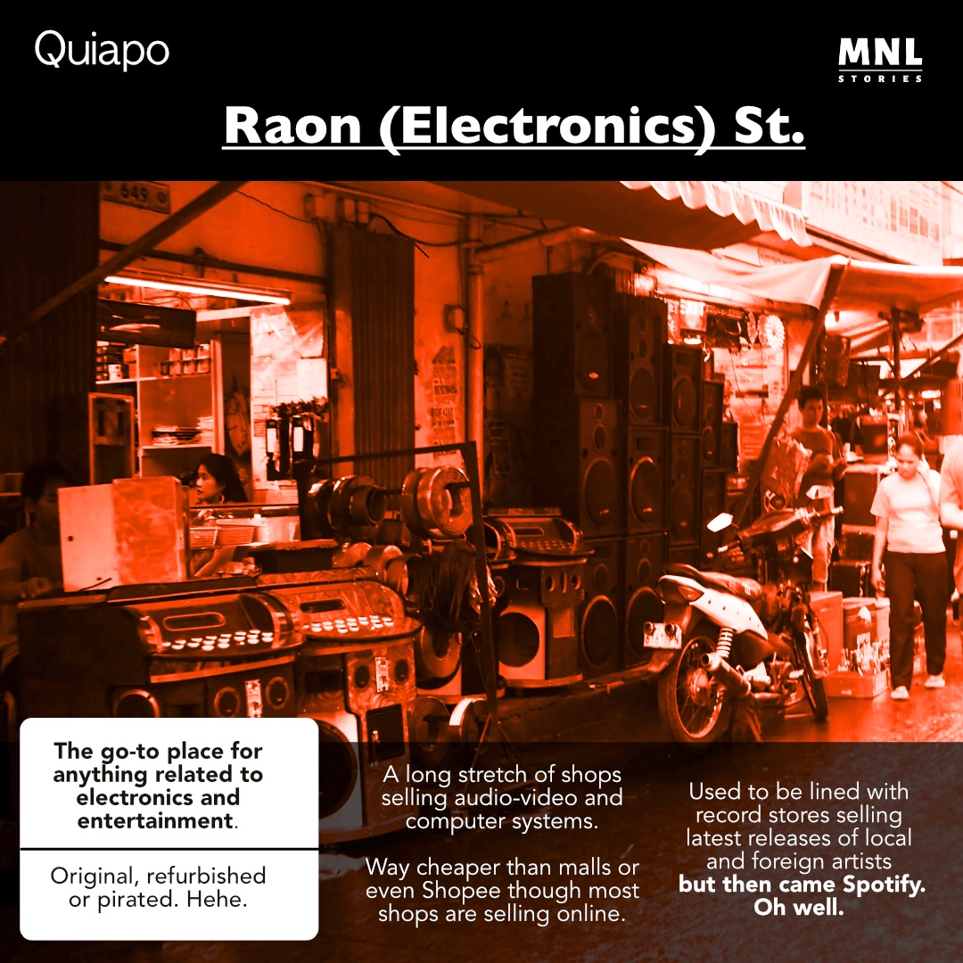 mnlstories's tweet photo. Raon St. is Manila’s humble version of Japan’s Akihabara. 

The go-to place for anything related to electronics and entertainment. Original, refurbished or pirated. Hehe.

#raonStreet #electronics #quiapo https://t.co/sKQ1gcaeBv