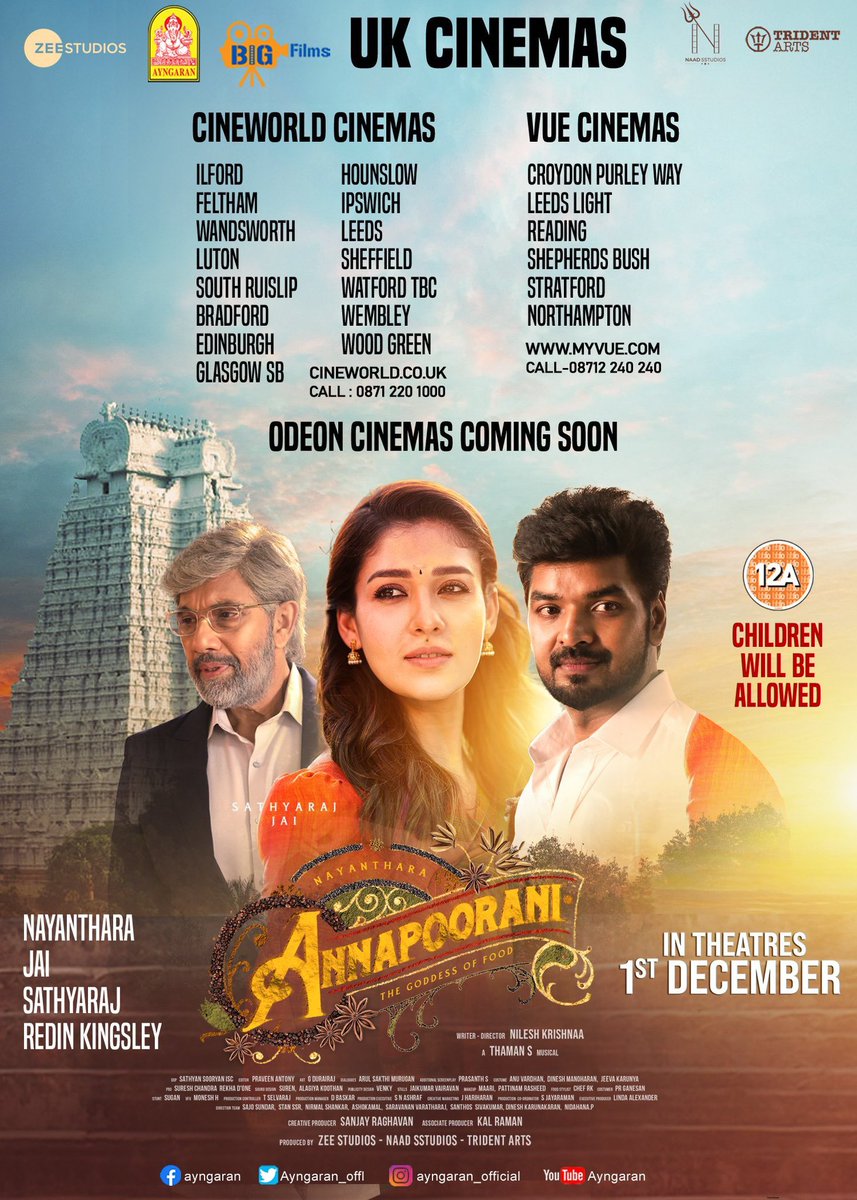 #LadySuperstar @NayantharaU and @Actor_Jai starring in #Annapoorani UK and France theatres and Show timings. @Nilesh_Krishnaa @NayantharaU @Actor_Jai @ZeeStudios @NaadSstudios @tridentartsoffl