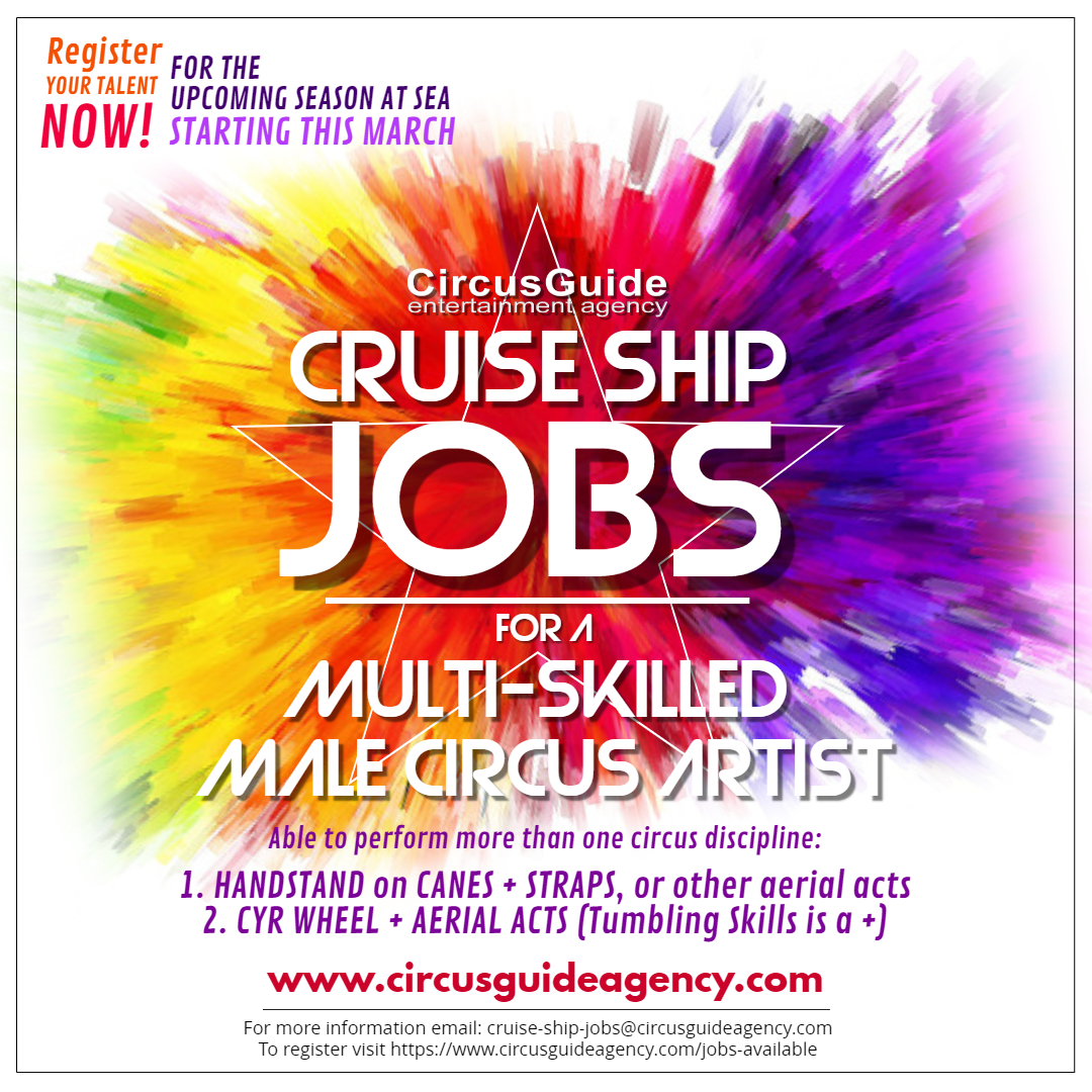 CircusAgency's tweet photo. MULTI-SKILEED CIRCUS PEFORMER WANTED FOR A CRUISE SHIP CONTRACT STARTING MARCH! Looking for Male Handstand artist on tall canes or Cyr Wheel performer with Aerial Strap (tumbling skills is a +) https://t.co/mZiawXUjPD