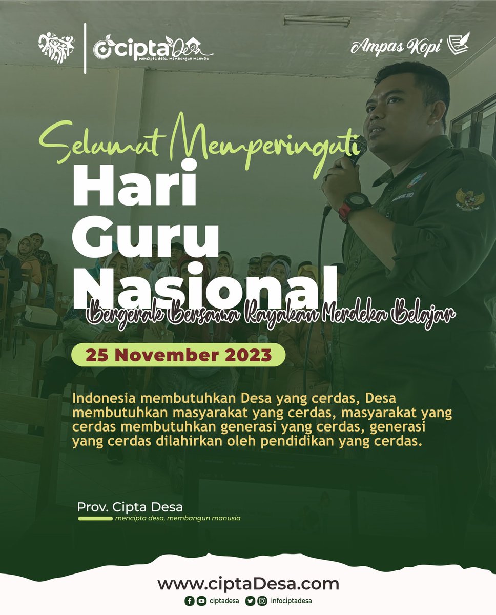 CiptaDesaID's tweet photo. Kru #ciptaDssa
mengucapkan Selamat memperingati Hari Guru

"Indonesia membutuhkan Desa yang cerdas, Desa Cerdas membutuhkan masyarakat yang cerdas, masyarakat yang cerdas membutuhkan generasi yang cerdas, generasi yang cerdas dilahirkan oleh pendidikan yang cerdas."

#cangkirDesa https://t.co/oaOHeQdmlB