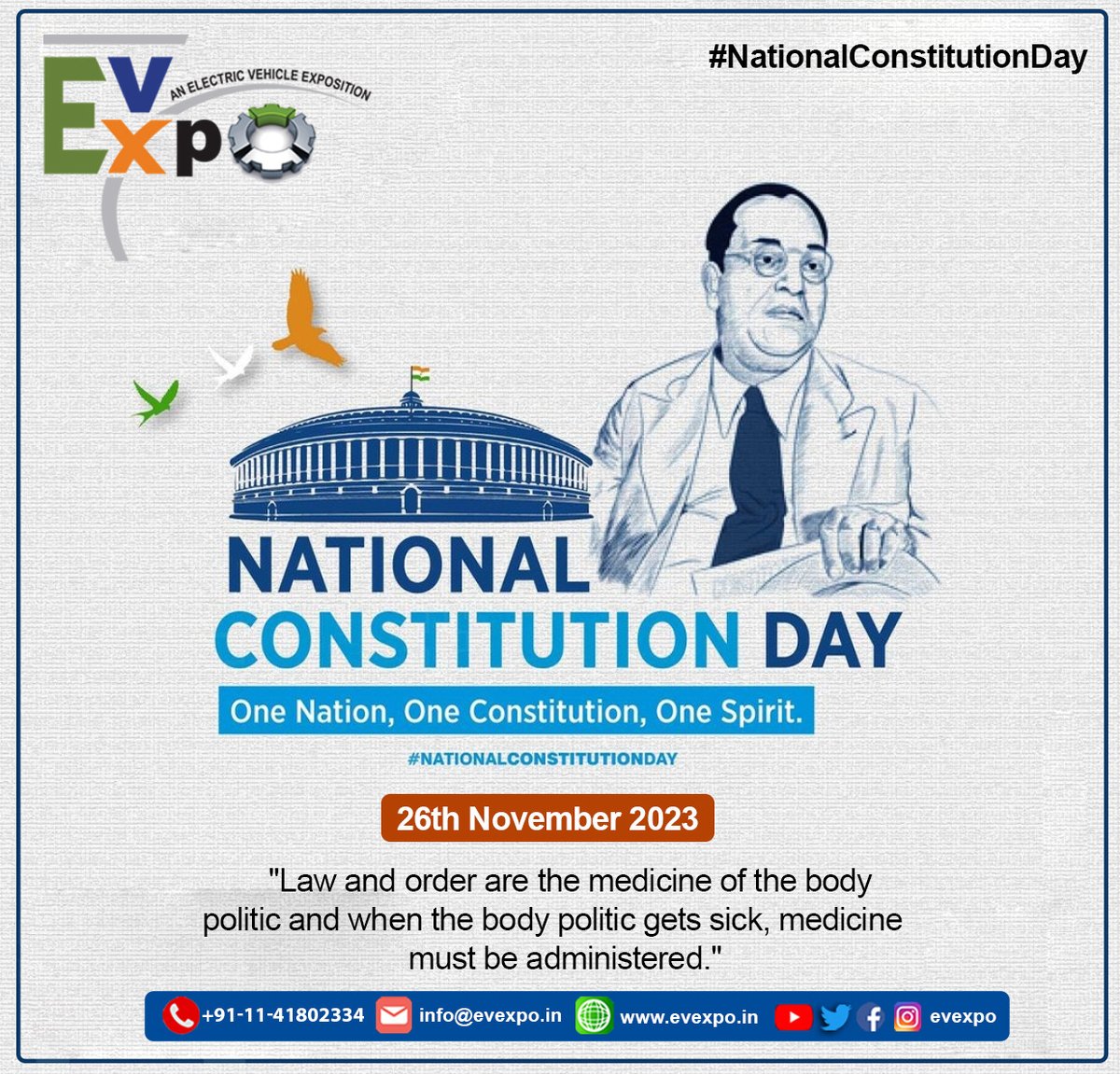 expo_ev's tweet photo. 🎉 Celebrating Constitution Day at EvExpo! 🇮🇳 As we explore cutting-edge electric vehicles, let's also reflect on the foundation of our democracy. The Constitution binds us together, ensuring rights, justice, and equality. 📜 #EvExpo #ConstitutionDay #InnovationAndUnity https://t.co/Xt0TCvCW3v
