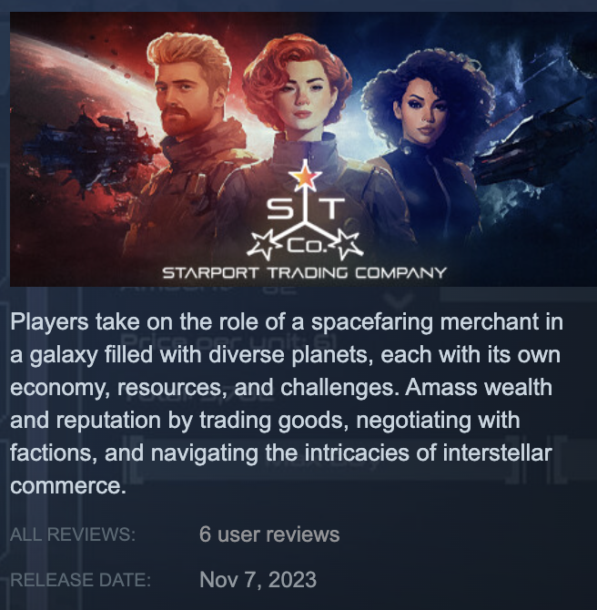 DigitalTectonic's tweet photo. Spaceport Trading Company, is a fun straight to the point market and trading #game. We have 6 reviews and are hoping to reach the golden 10 soon.

#IndieGameDev #indiedeveloper https://t.co/vY2KkLLHgC
