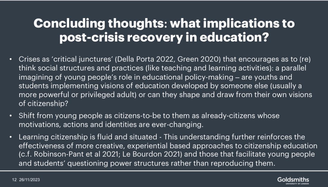 Presented <a href="/CESA2023Japan/">CESA2023</a> on youth activism, informal learning &amp; citizenship based on my <a href="/LeverhulmeTrust/">The Leverhulme Trust</a> ECF proj. Key argument: citizenship ed programmes need to reframe youth as already-citizens (vs. ‘citizens-to-be’) &amp; build on their pre-existing visions &amp; acts of citizenship.