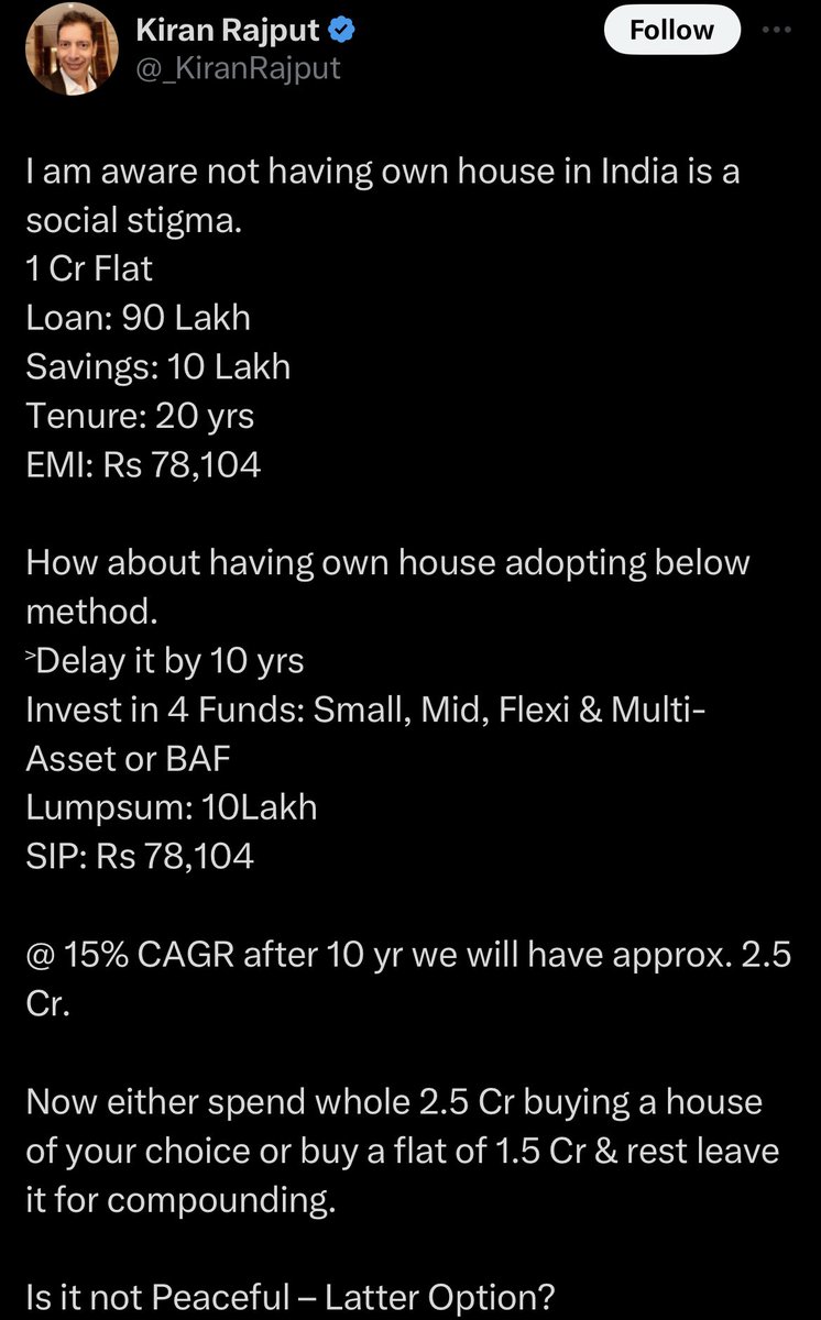 Poan__Sapdi's tweet photo. What about below:

1. Rent you would pay for 10 years and of course inconvenience that would come with a rented apartment. Sudden increase in rent by 10%/20% by the landlord.

2. The place you were looking to buy might increase by more than 50% ( value of my parent’s house increased by 4X in 10 years)

3. Your salary would increase too so it won’t necessarily be 20 years of loan. You can always repay faster.

4. Maybe find a breakeven point (depending on your salary and savings) where you can invest some amount ( to repay loan faster) and pay EMIs simultaneously. 

5. Most importantly, what about mental peace you get when you have your own home??